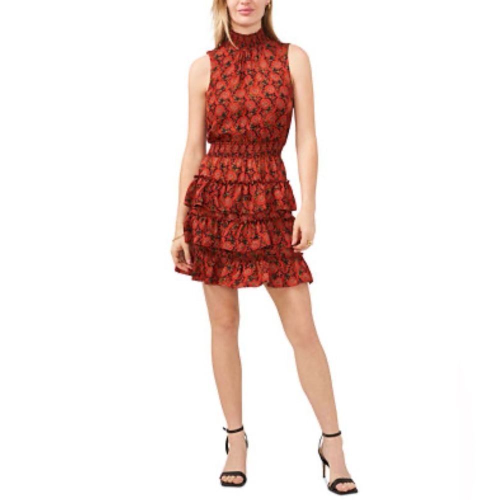 1.STATE Printed Smocked Mock Neck Printed Mini Dress
